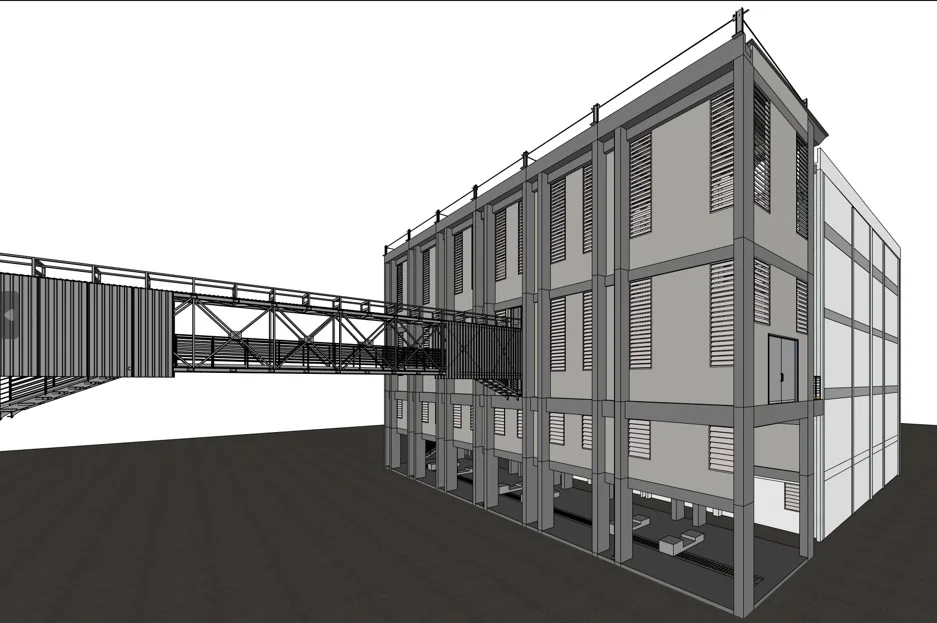 Modelo 3D de edifício com passarela metálica